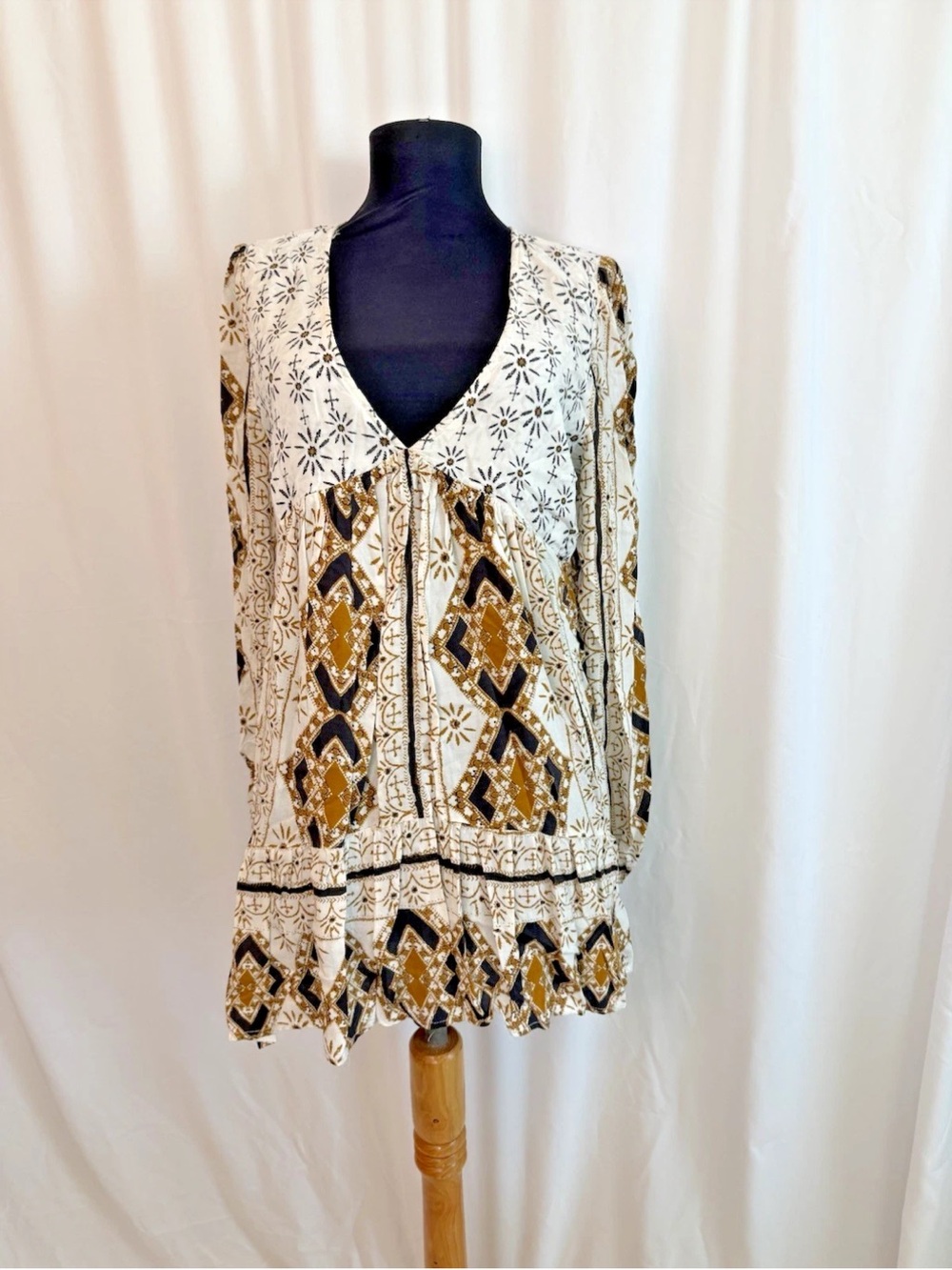 Free People Bohemian Long Sleeve Batik like Print Mini Dress - Small Festival